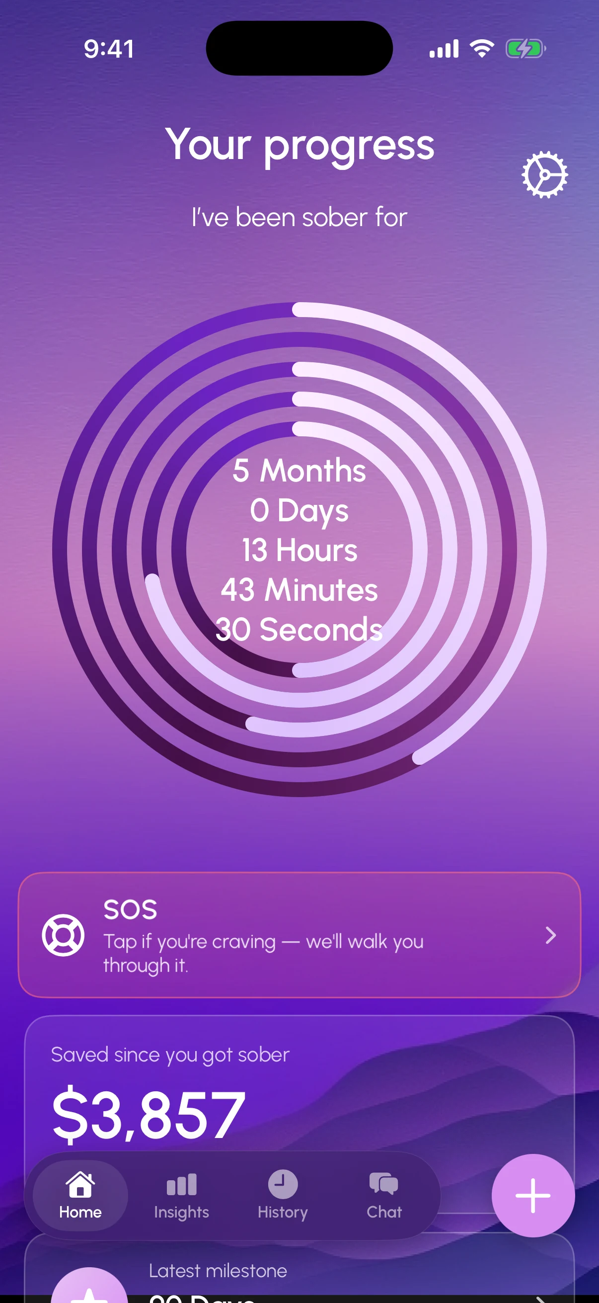 SobrietyCounter app home screen on iPhone