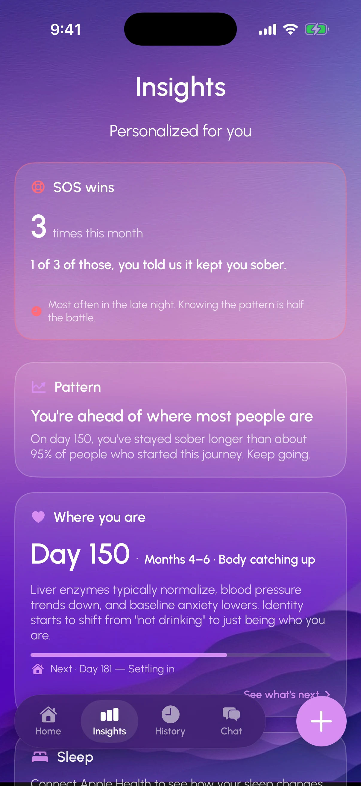 Personalized insights — sleep, mood, triggers, and savings trends