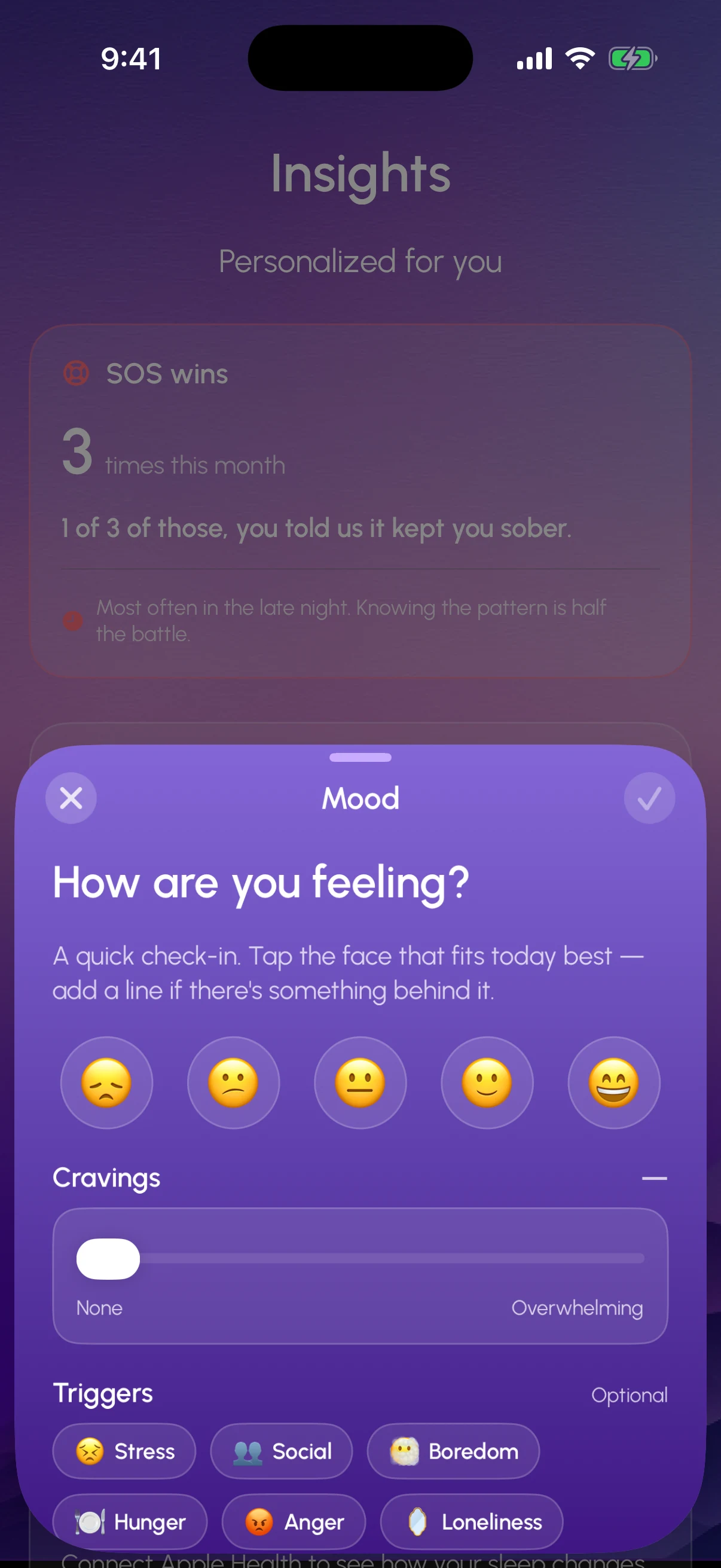Mood check-in: emoji scale, cravings slider, trigger chips