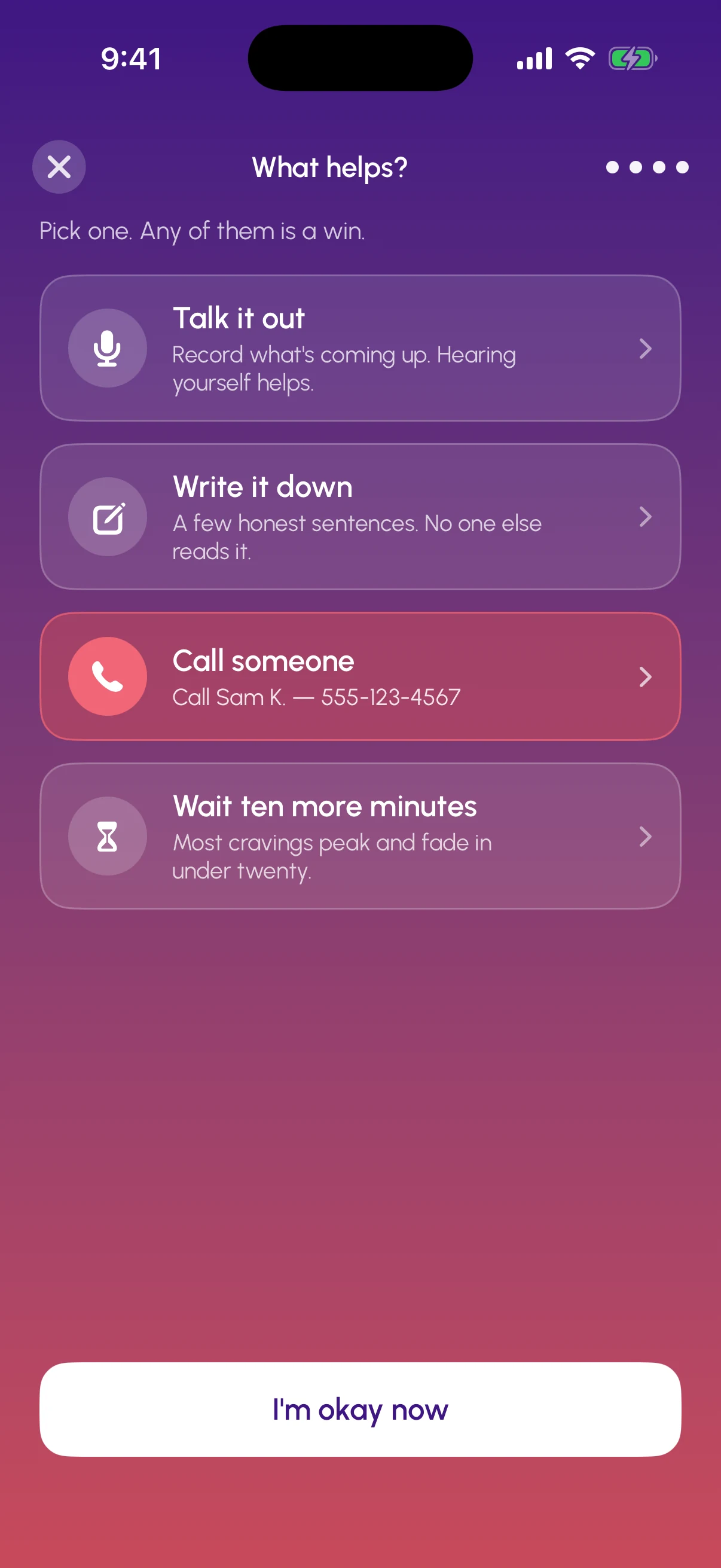 SOS — What helps? Tools grid: Talk it out, Write it down, Call someone, Wait ten more minutes